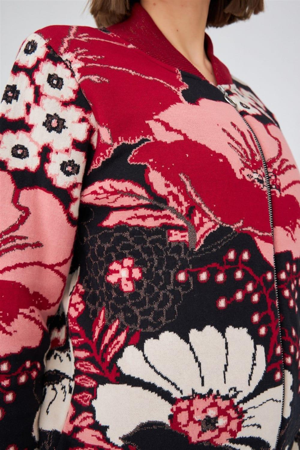 Peraluna-Çiçek Desenli Fermuarlı Organik Pamuk Kadın Triko Ceket-Ceket-5-Milagron.com