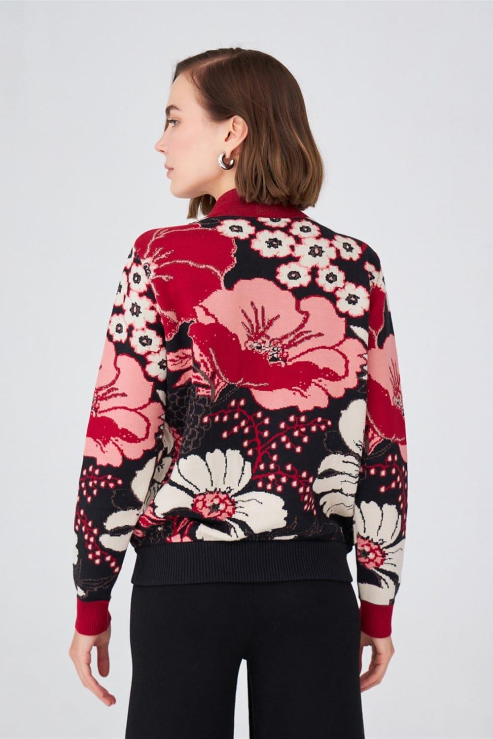 Peraluna-Çiçek Desenli Fermuarlı Organik Pamuk Kadın Triko Ceket-Ceket-6-Milagron.com