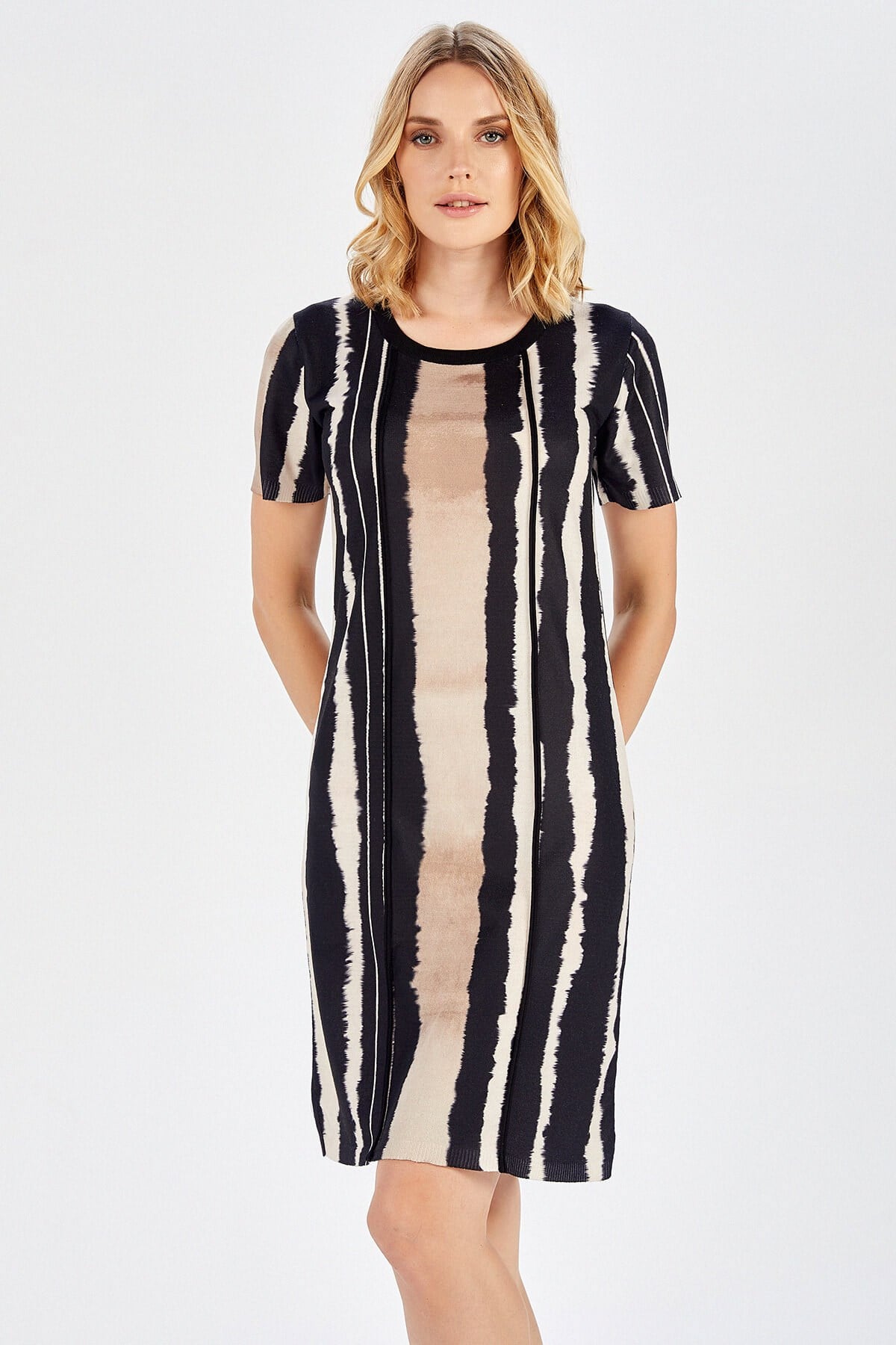 Peraluna Çizgili Batik Baskılı Diz Üstü Elbise - Multi Renk