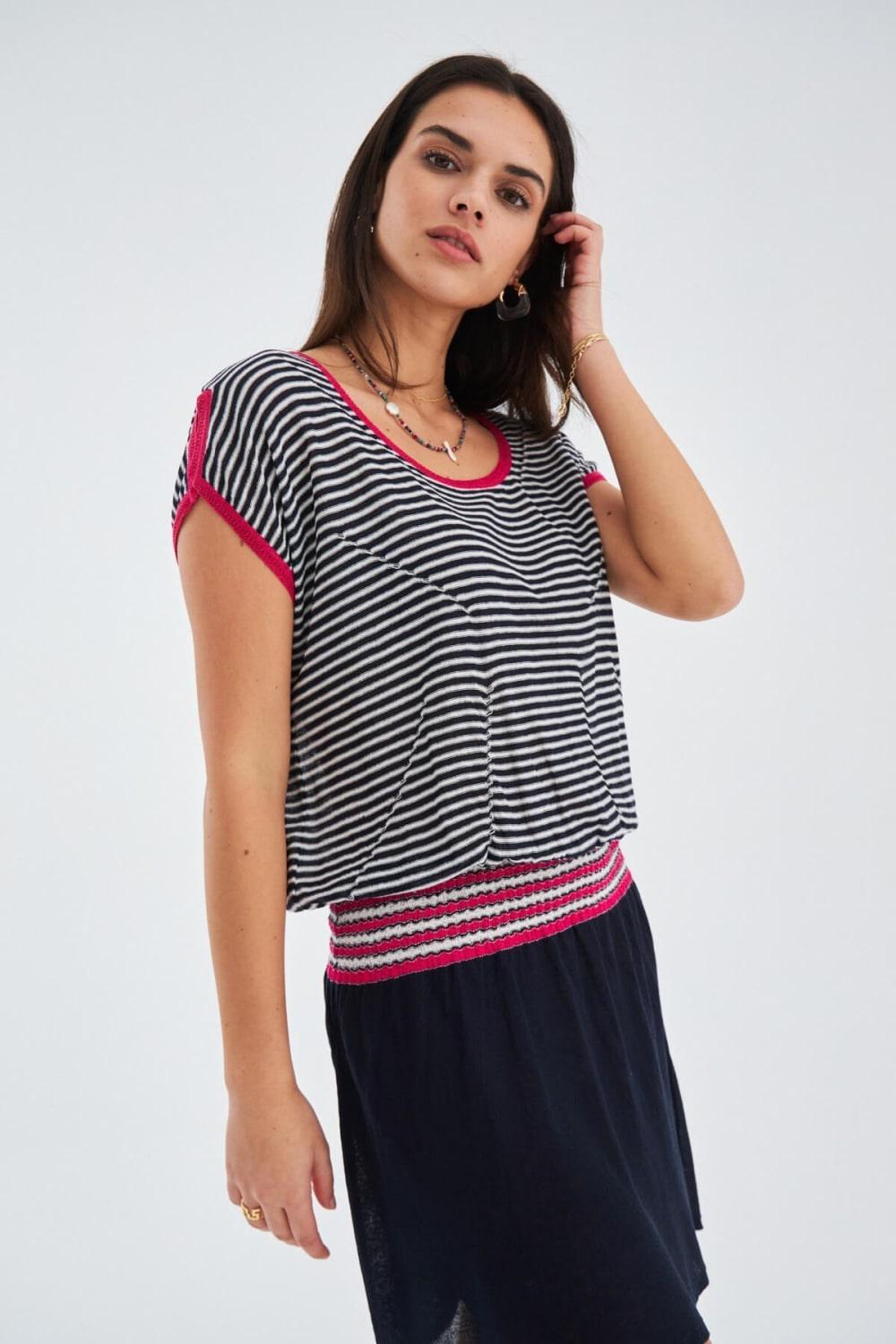 Peraluna-Çizgili Kayık Yaka Yazlık Kadın Triko Elbise-Elbise-1-Milagron.com