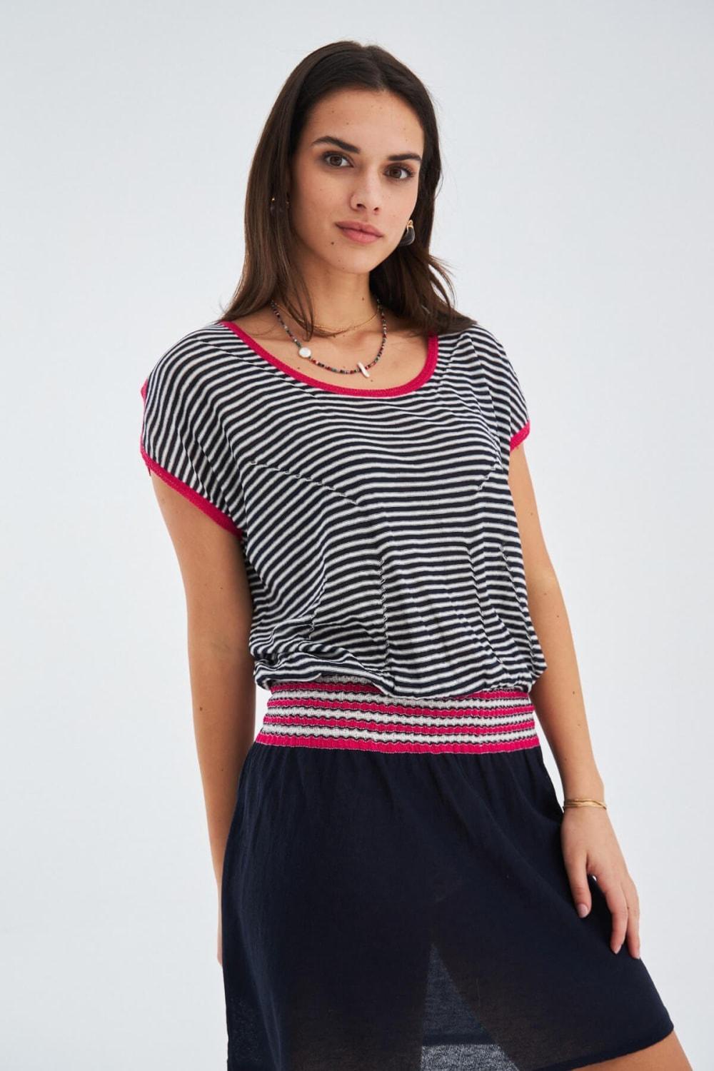 Peraluna-Çizgili Kayık Yaka Yazlık Kadın Triko Elbise-Elbise-2-Milagron.com