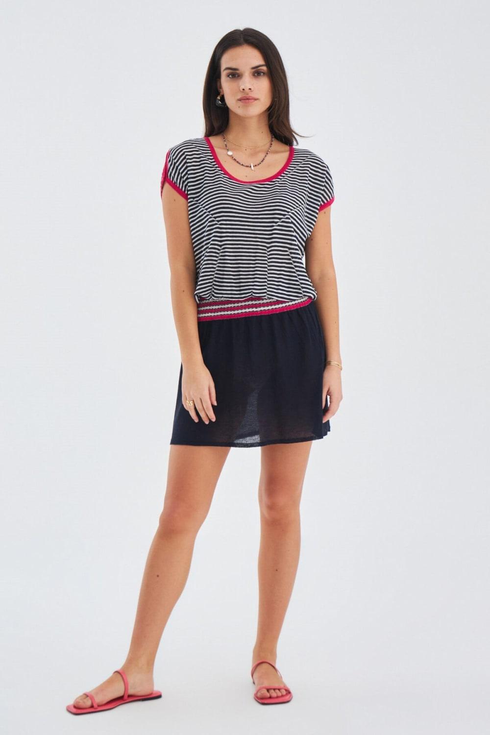 Peraluna-Çizgili Kayık Yaka Yazlık Kadın Triko Elbise-Elbise-3-Milagron.com