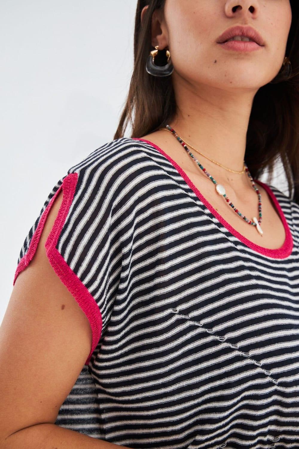 Peraluna-Çizgili Kayık Yaka Yazlık Kadın Triko Elbise-Elbise-4-Milagron.com