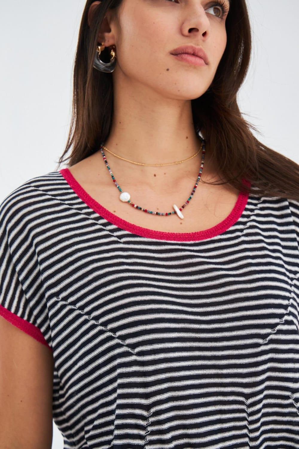 Peraluna-Çizgili Kayık Yaka Yazlık Kadın Triko Elbise-Elbise-5-Milagron.com