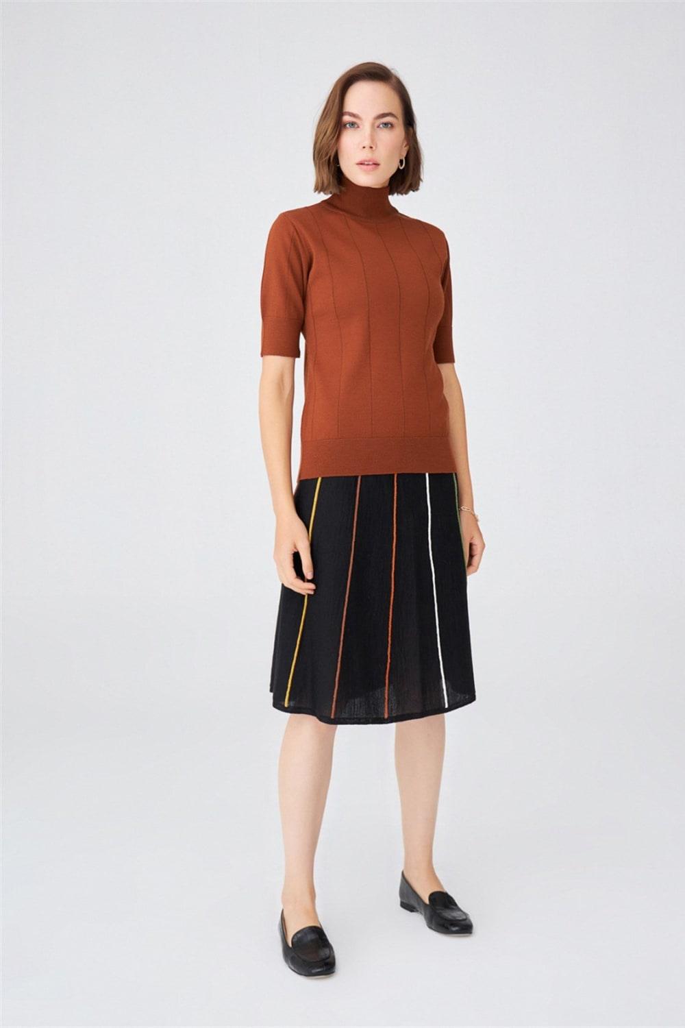 Peraluna-Çizgili Yüksek Bel Bol Kesim Diz Altı Kadın Triko Etek-Etek-11-Milagron.com