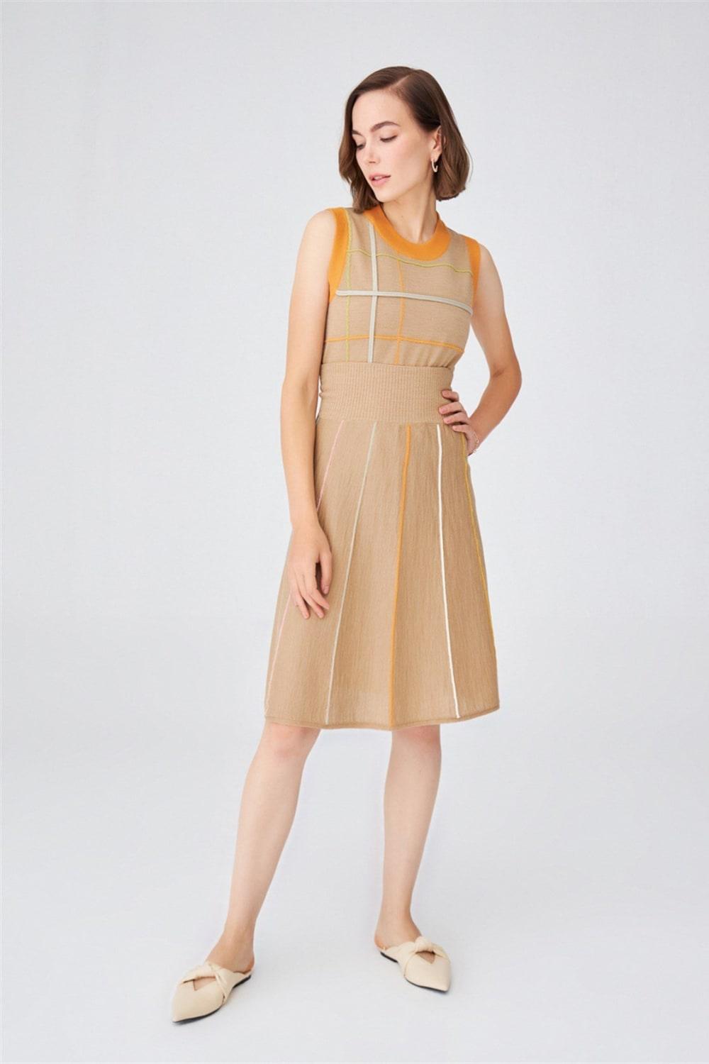 Peraluna-Çizgili Yüksek Bel Bol Kesim Diz Altı Kadın Triko Etek-Etek-3-Milagron.com