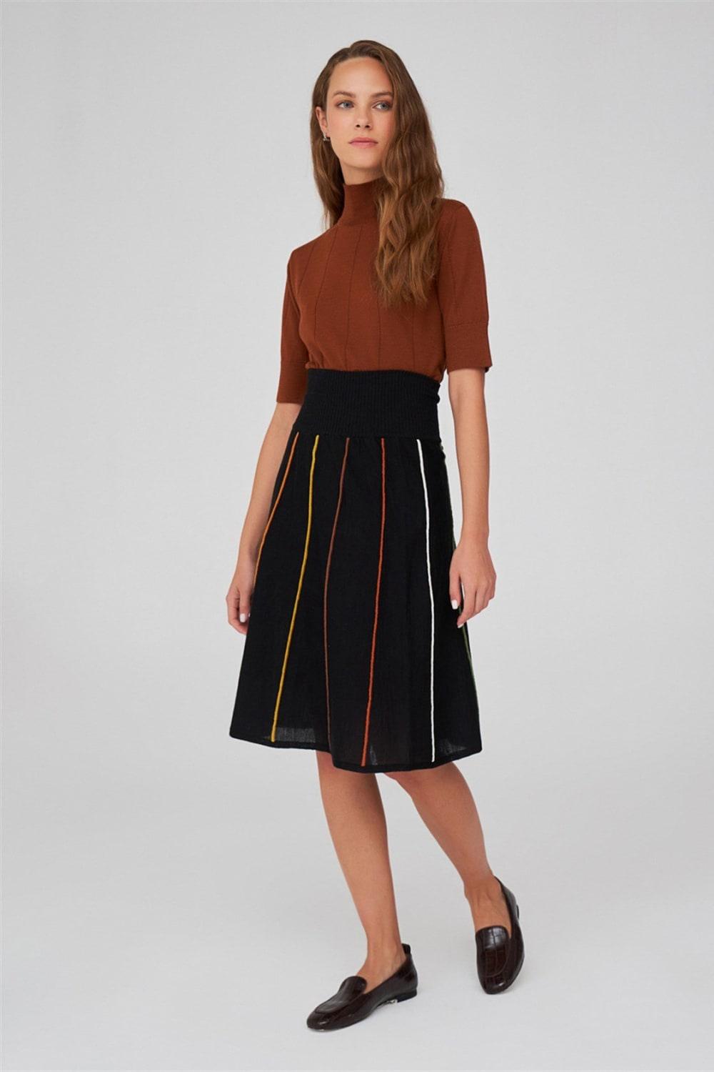 Peraluna-Çizgili Yüksek Bel Bol Kesim Diz Altı Kadın Triko Etek-Etek-9-Milagron.com