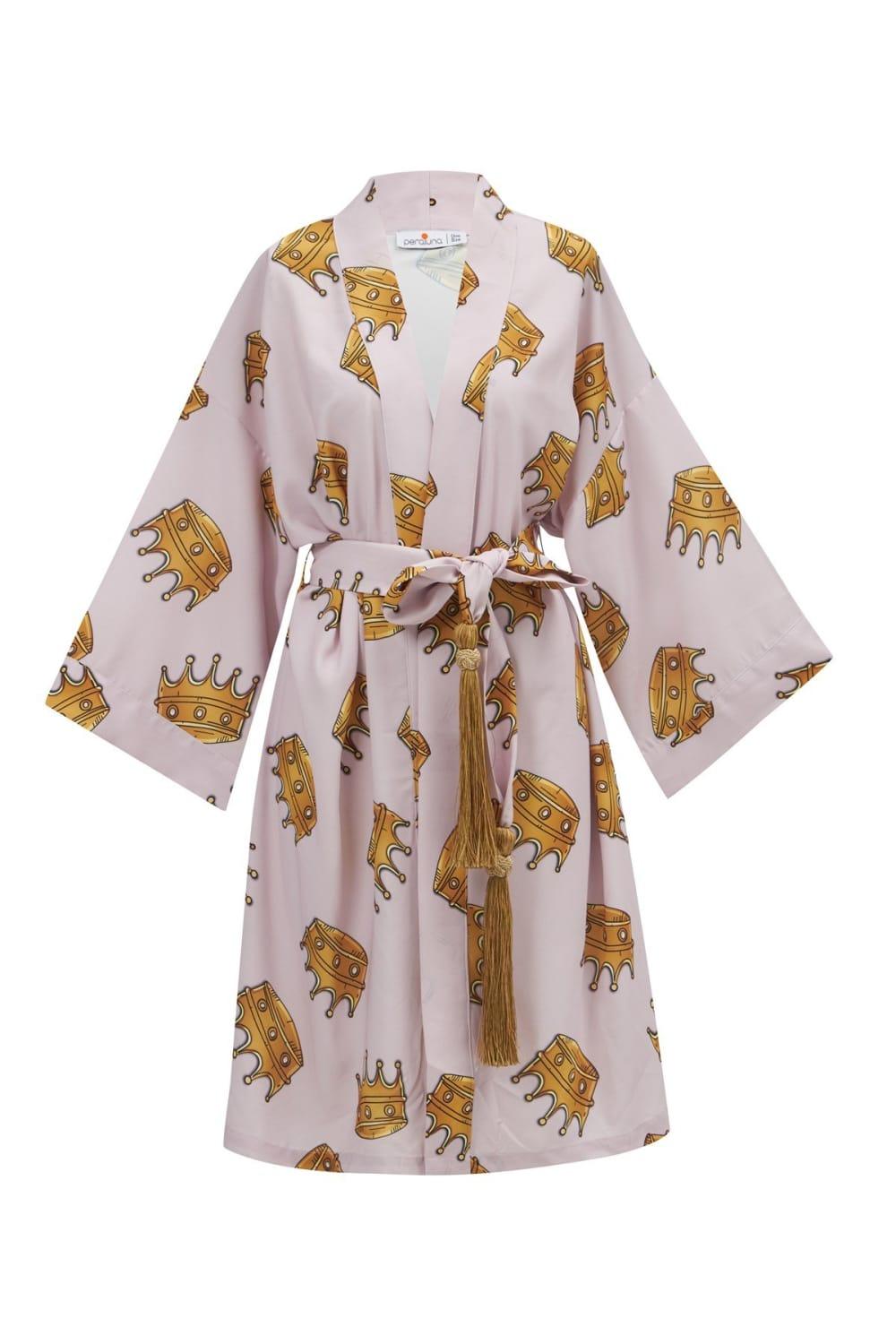 Peraluna-Crown Kral Tacı Desenli Diz Altı Saten Kadın Kimono-Kimono-9-Milagron.com