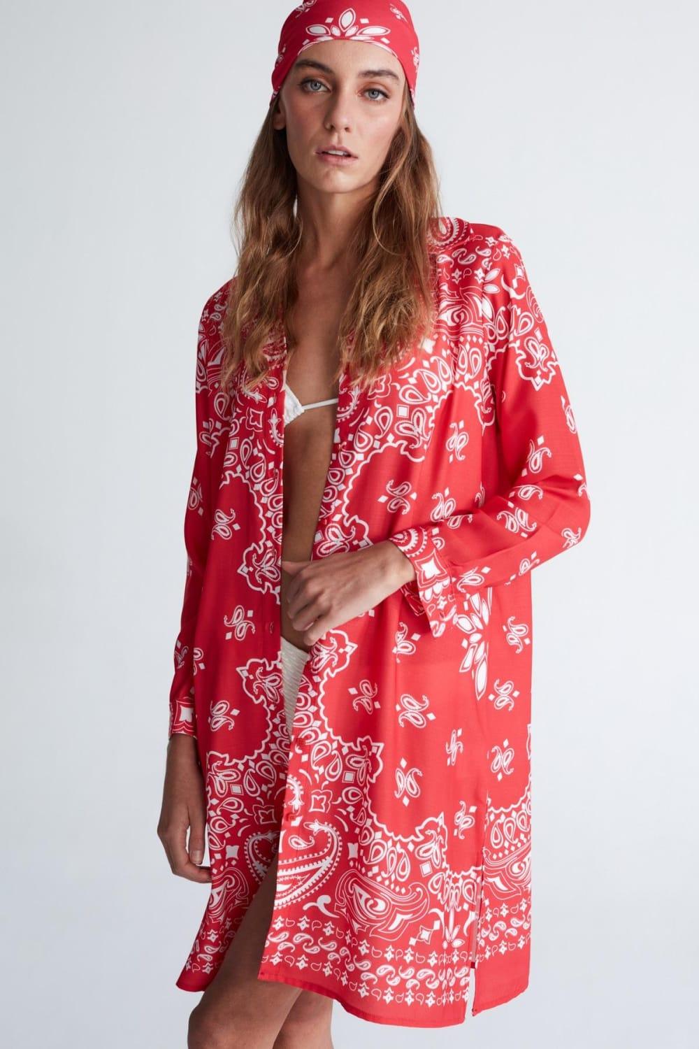 Peraluna-Daisy Dress Şal Desen Polo Yaka Düğmeli Mini Kadın Gömlek Elbise -Elbise-1-Milagron.com