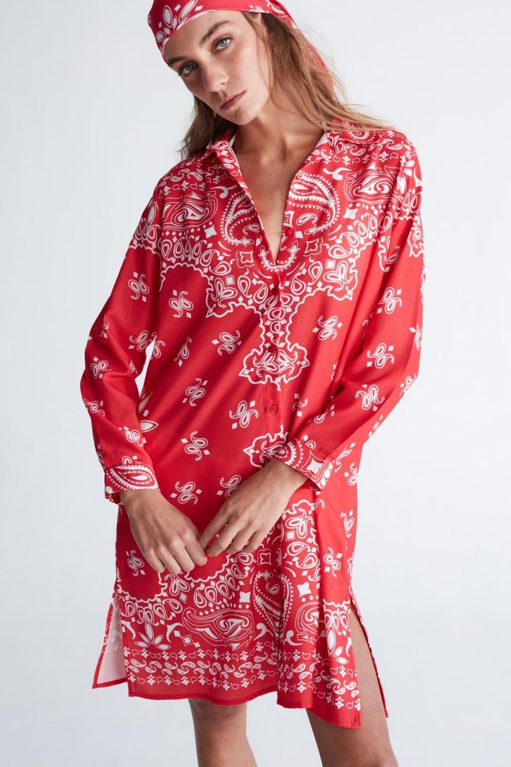 Peraluna-Daisy Dress Şal Desen Polo Yaka Düğmeli Mini Kadın Gömlek Elbise -Elbise-4-Milagron.com