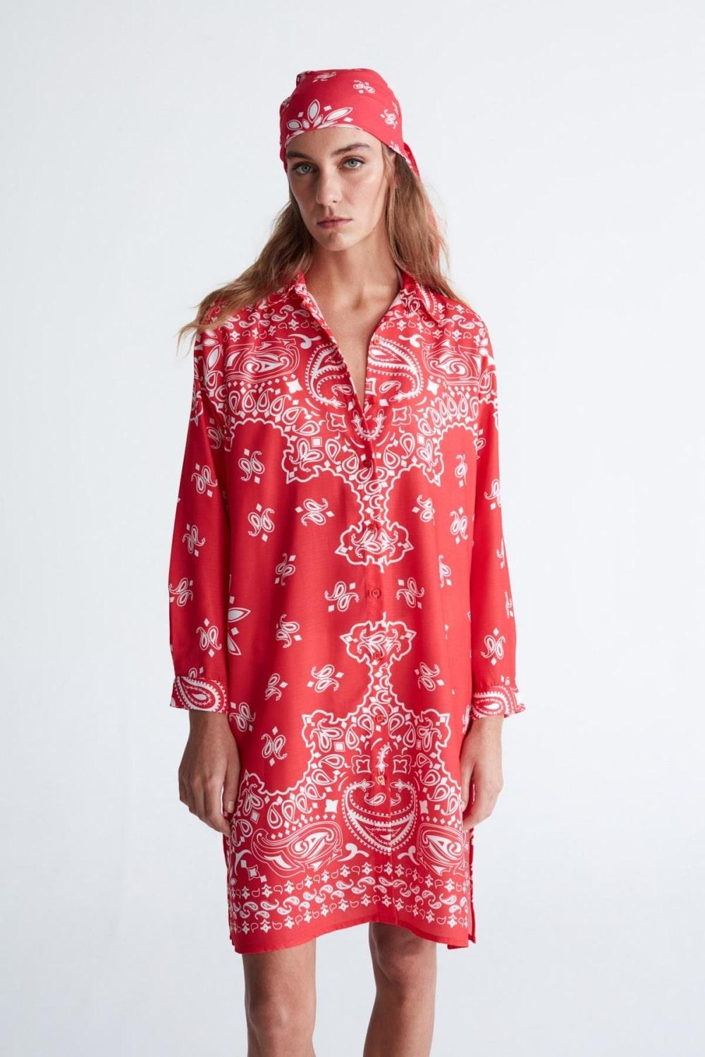 Peraluna-Daisy Dress Şal Desen Polo Yaka Düğmeli Mini Kadın Gömlek Elbise -Elbise-5-Milagron.com