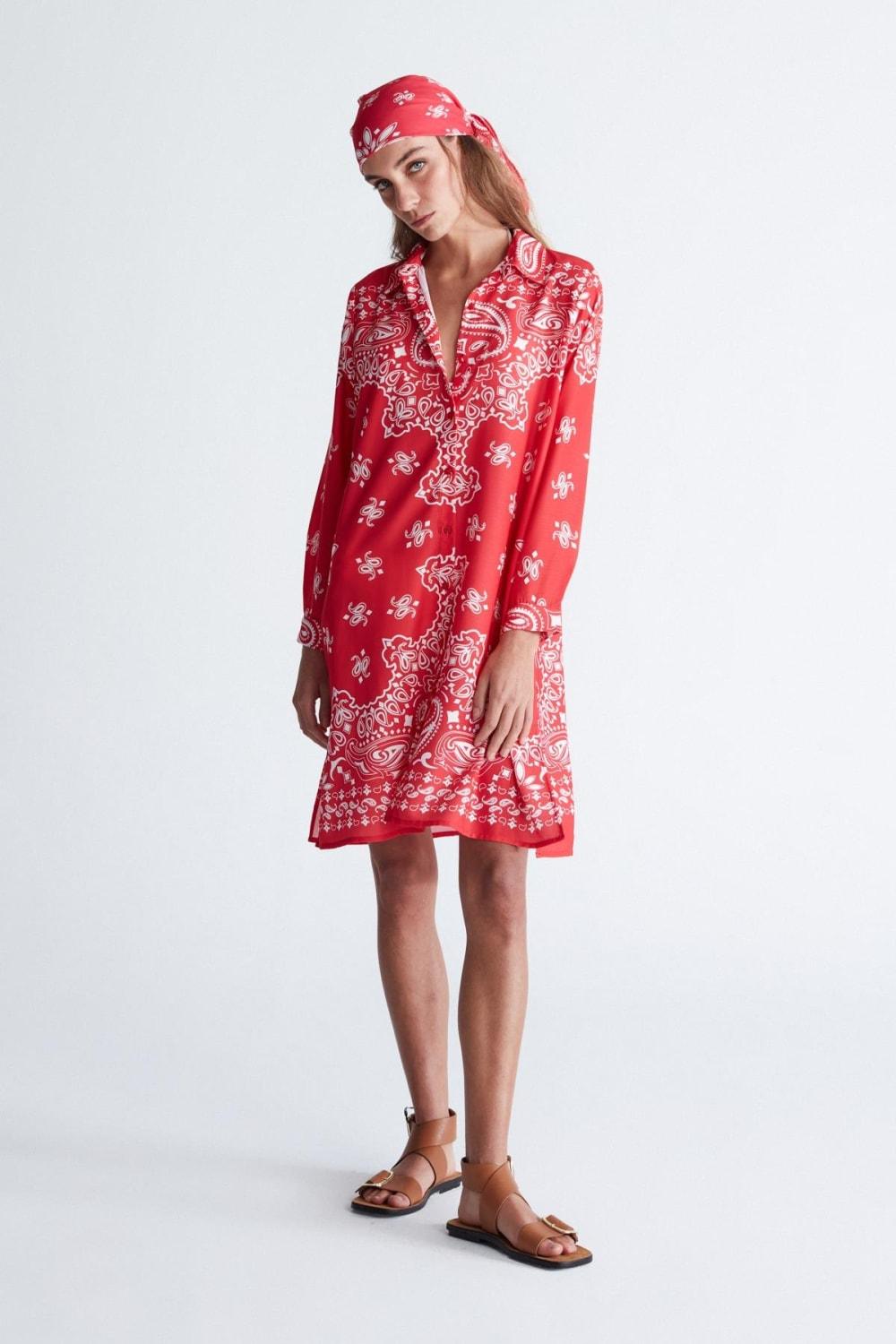 Peraluna-Daisy Dress Şal Desen Polo Yaka Düğmeli Mini Kadın Gömlek Elbise -Elbise-6-Milagron.com