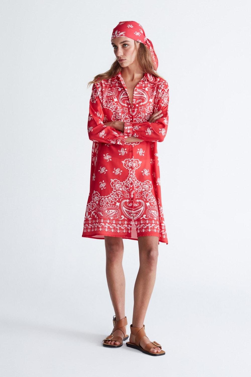 Peraluna-Daisy Dress Şal Desen Polo Yaka Düğmeli Mini Kadın Gömlek Elbise -Elbise-7-Milagron.com