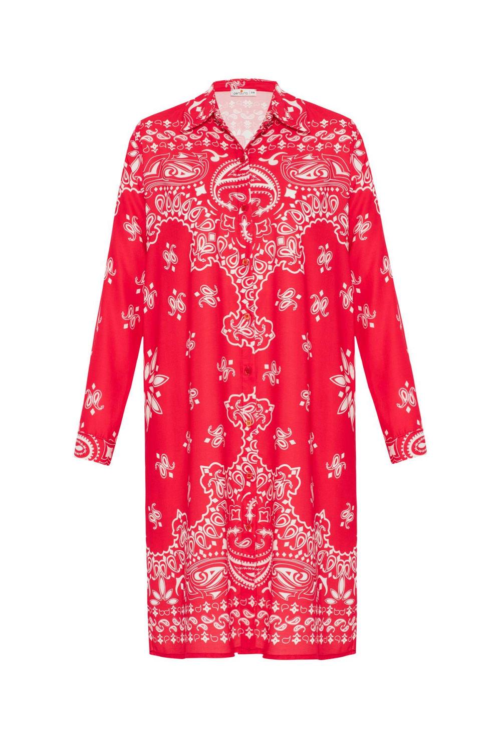 Peraluna-Daisy Dress Şal Desen Polo Yaka Düğmeli Mini Kadın Gömlek Elbise -Elbise-9-Milagron.com