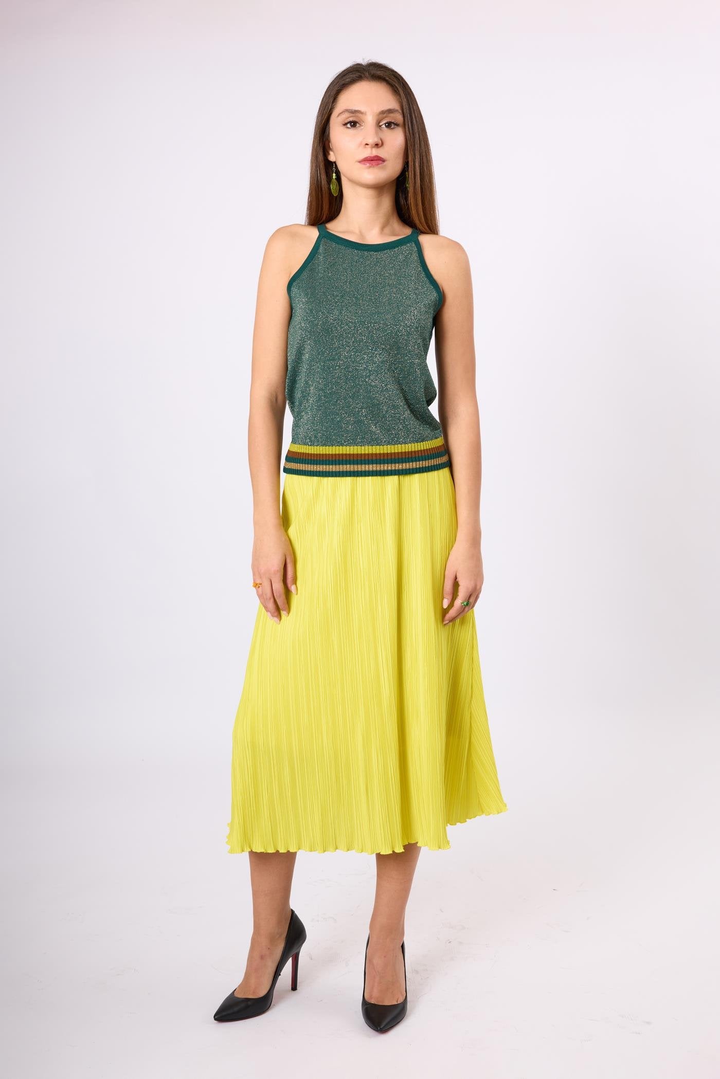 Peraluna-Delight Halter Yaka Çizgili Simli Kadın Triko Bluz Zümrüt Multi-Bluz-1-Milagron.com