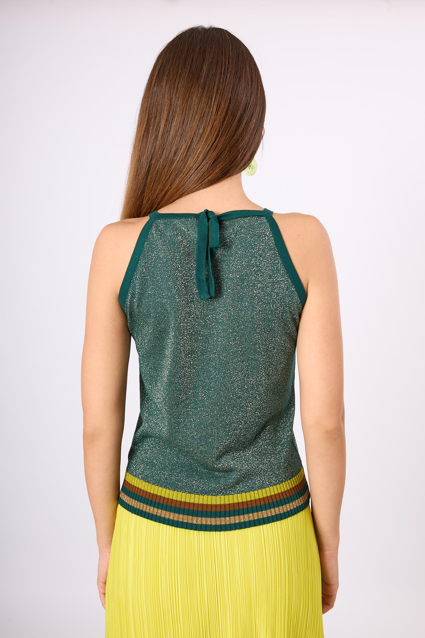 Peraluna-Delight Halter Yaka Çizgili Simli Kadın Triko Bluz Zümrüt Multi-Bluz-6-Milagron.com