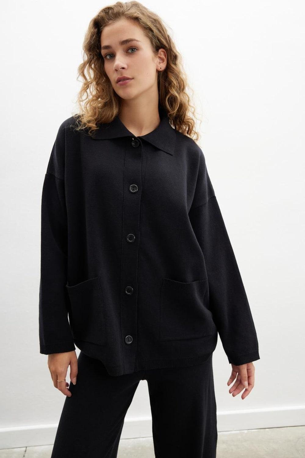 Peraluna-Denise Cardigan Polo Yaka Geniş Kesim Pamuk Yün Kadın Triko Hırka-Kazak & Triko-1-Milagron.com