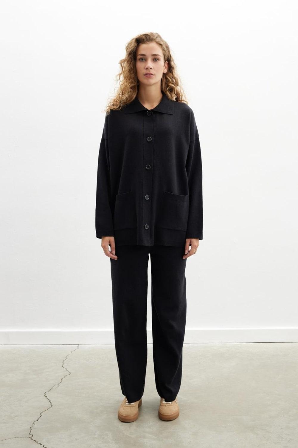 Peraluna-Denise Cardigan Polo Yaka Geniş Kesim Pamuk Yün Kadın Triko Hırka-Kazak & Triko-2-Milagron.com