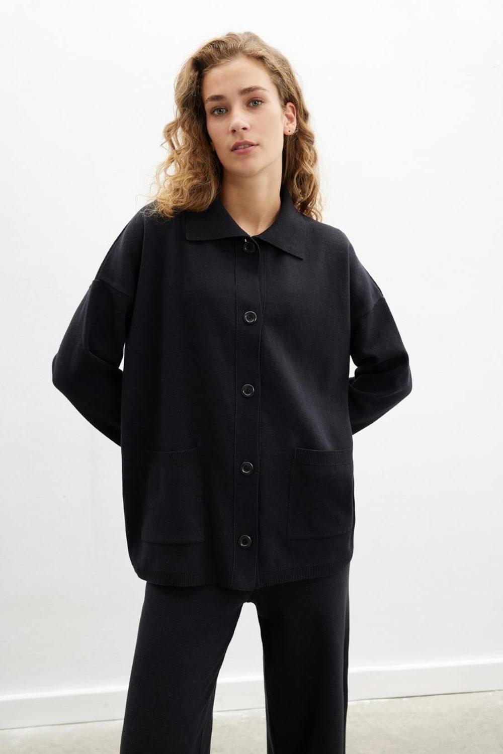 Peraluna-Denise Cardigan Polo Yaka Geniş Kesim Pamuk Yün Kadın Triko Hırka-Kazak & Triko-3-Milagron.com