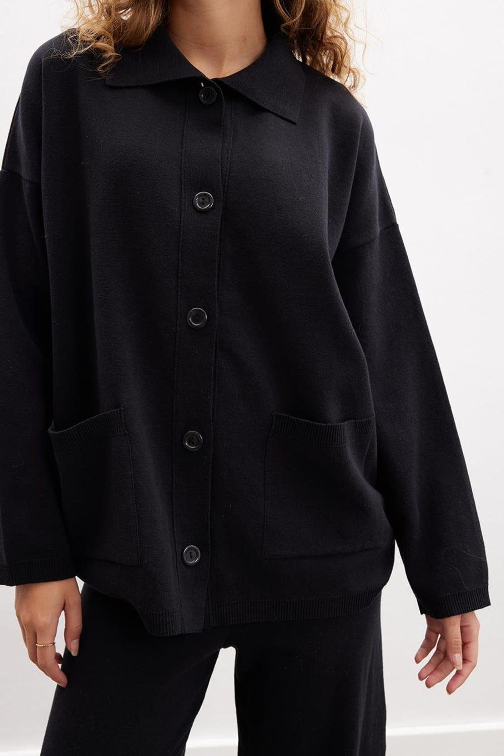 Peraluna-Denise Cardigan Polo Yaka Geniş Kesim Pamuk Yün Kadın Triko Hırka-Kazak & Triko-4-Milagron.com