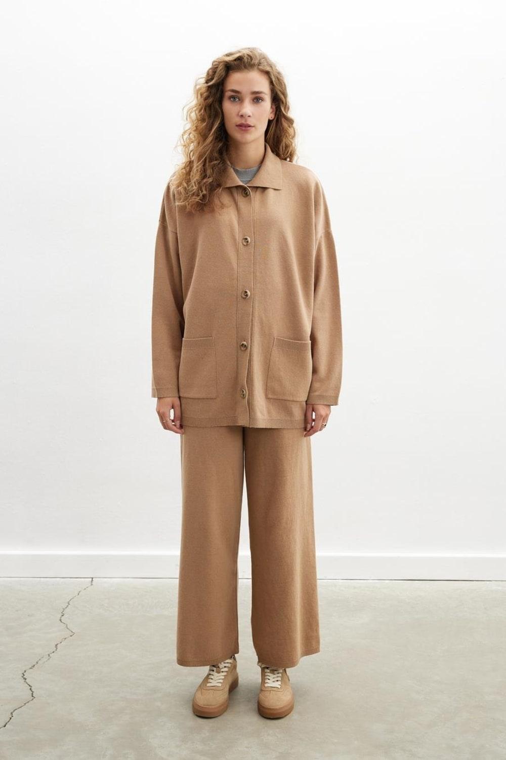 Peraluna-Denise Cardigan Polo Yaka Geniş Kesim Pamuk Yün Kadın Triko Hırka-Kazak & Triko-6-Milagron.com