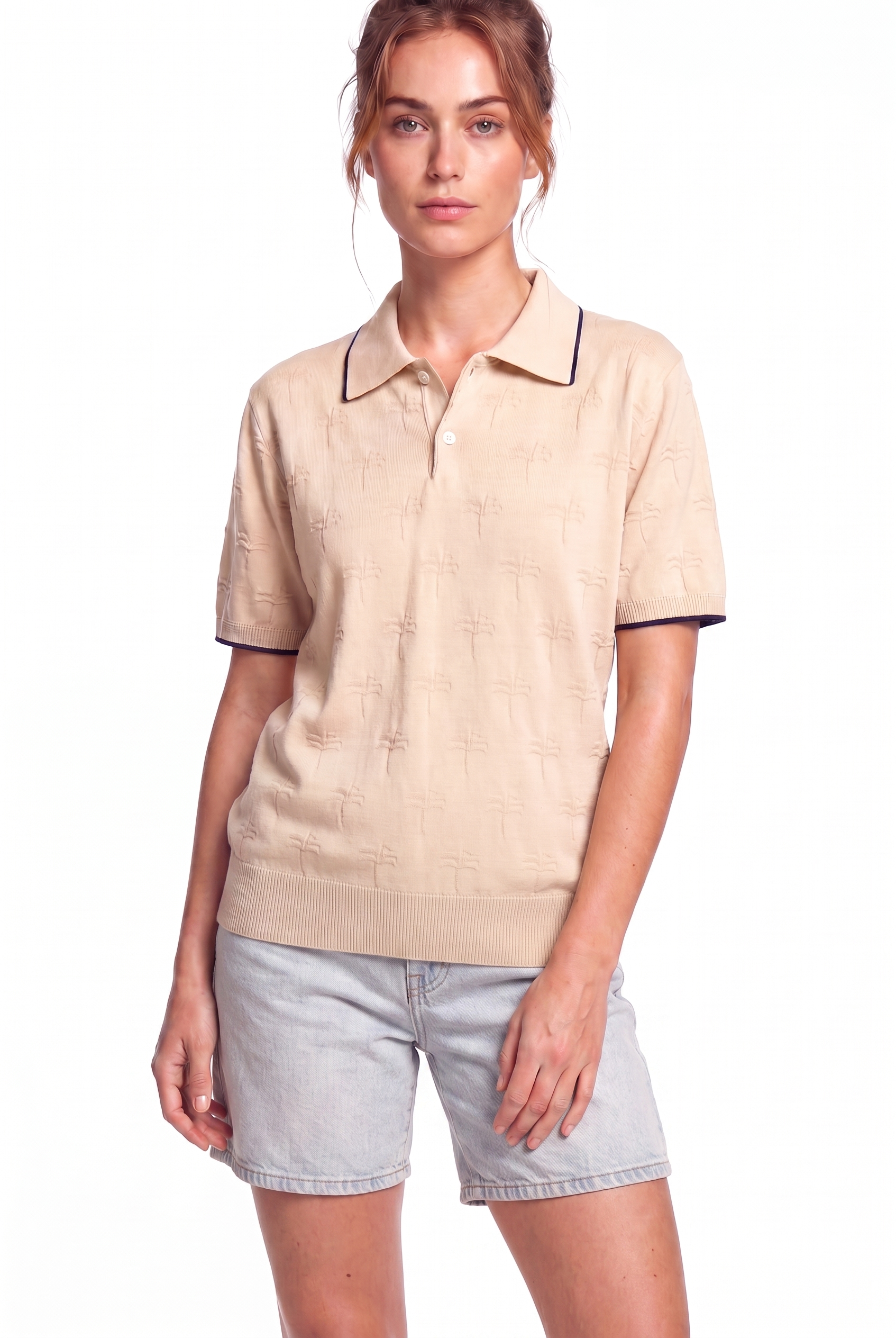 Peraluna Desert Palm Polo, Palmiye Desenli Polo Yaka Triko Tişört - Krem