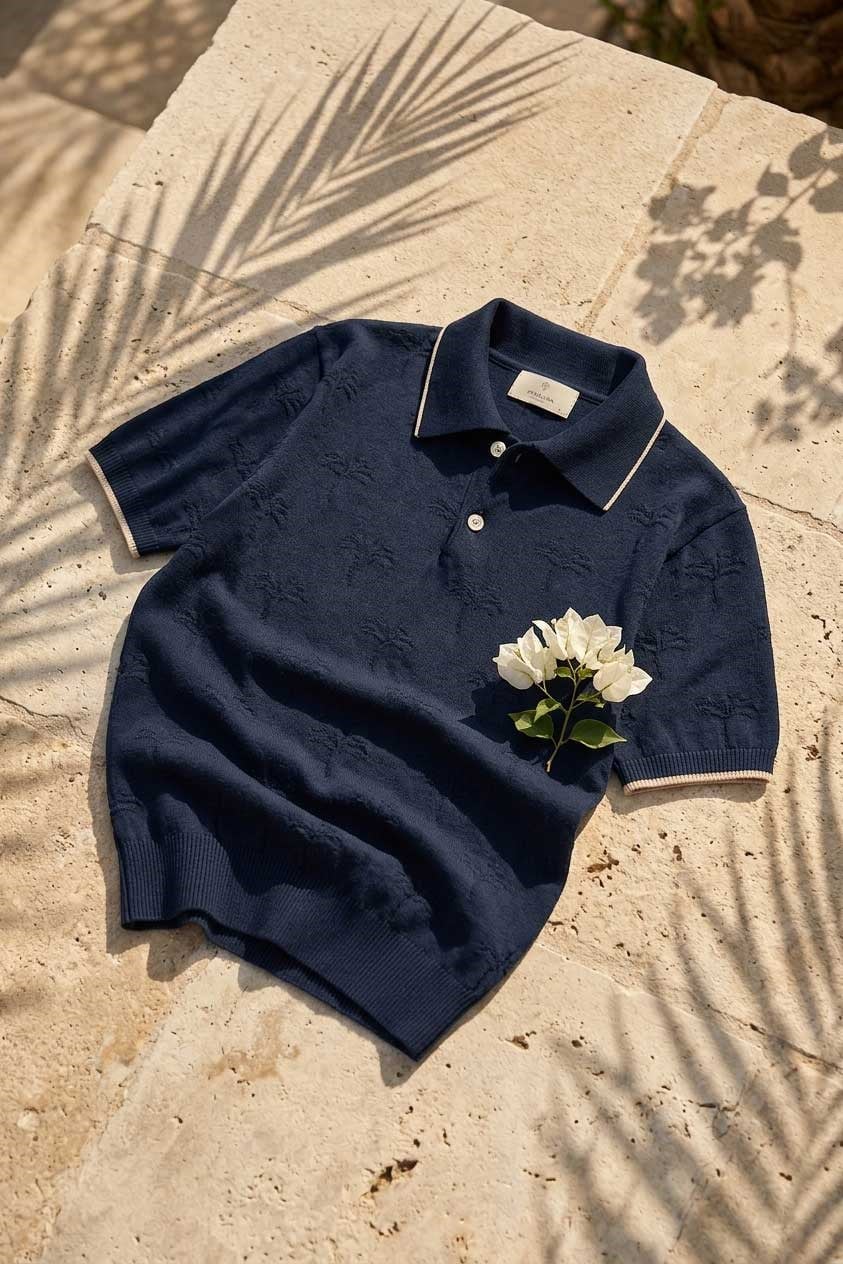 Peraluna Desert Palm Polo, Palmiye Desenli Polo Yaka Triko Tişört - Lacivert