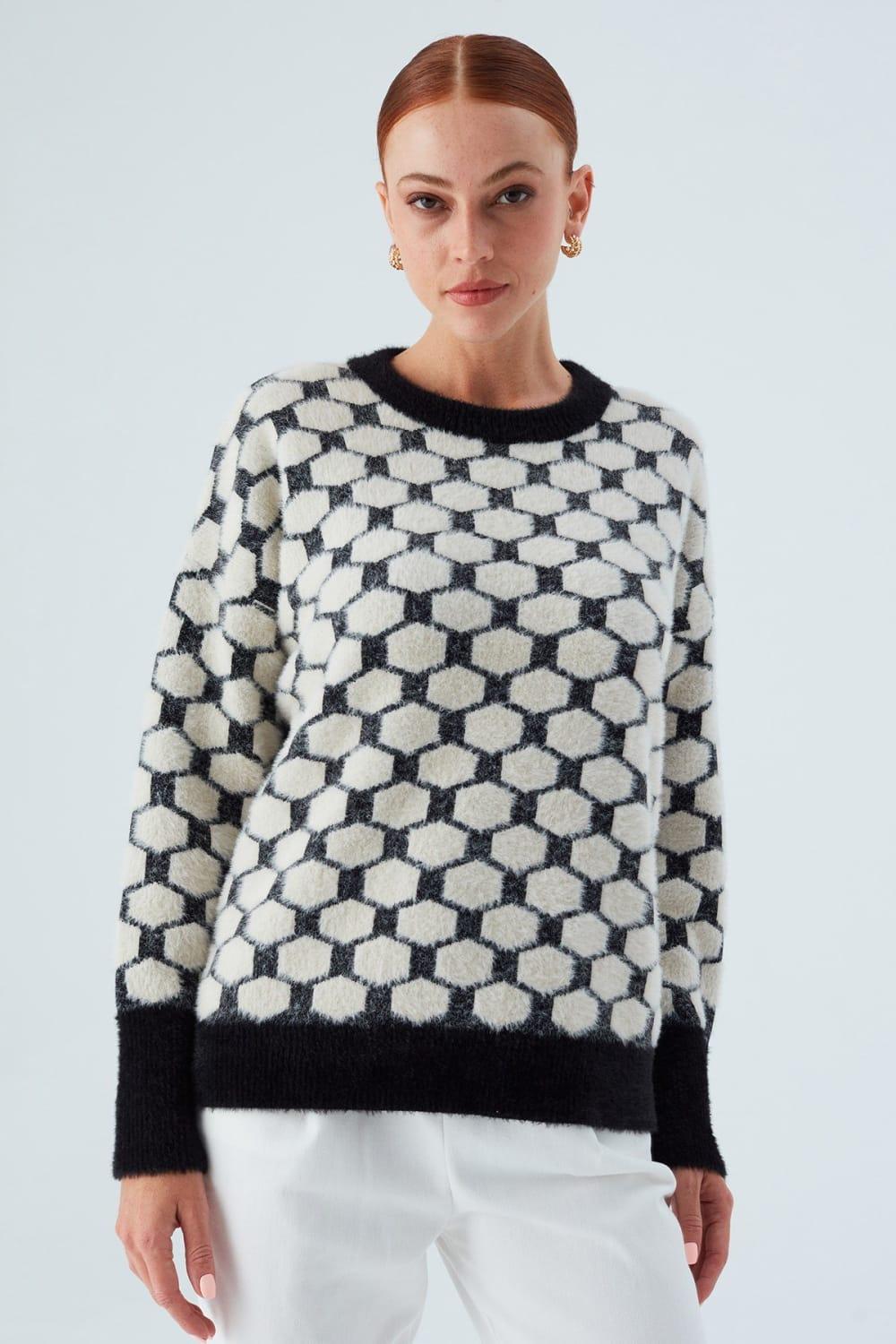Peraluna-Donna Pullover Petek Desenli Kadın Triko Kazak-Kazak & Triko-1-Milagron.com