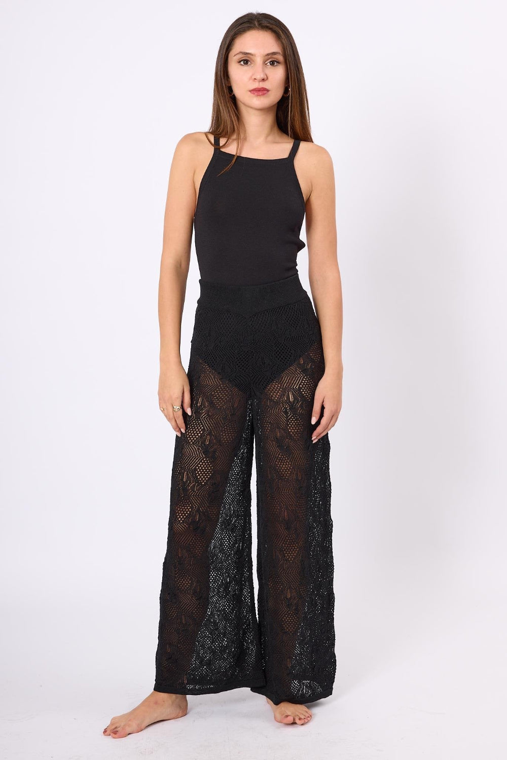 Peraluna-Emma Trouser Dantel Desen Örgülü Geniş Midi Boy Kadın Triko Pantolon-Pantolon-1-Milagron.com