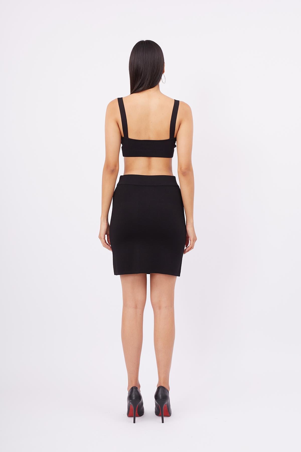 Peraluna-Eva Skirt Standart Fit Beli Lastikli Mini Kadın Triko Etek Siyah-Etek-7-Milagron.com