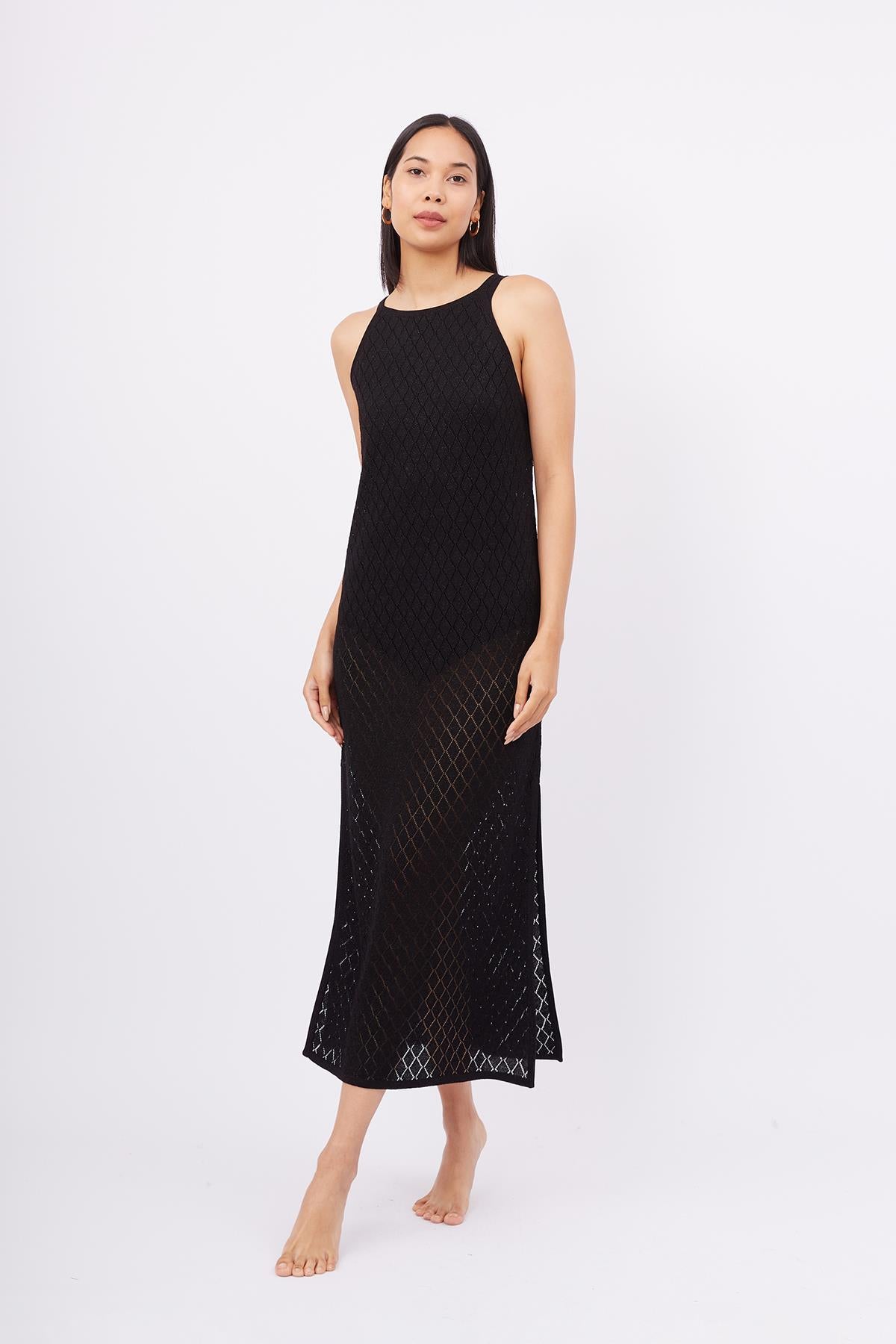 Peraluna-Evelien Dress Ajur Örgü Dar Kesim Halter Yaka Arkası Bağcıklı Uzun Kadın Triko Elbise-Elbise-1-Milagron.com