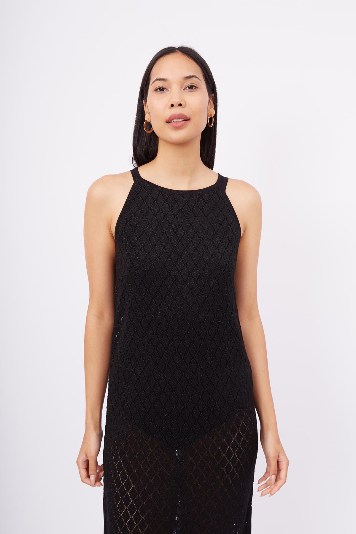 Peraluna-Evelien Dress Ajur Örgü Dar Kesim Halter Yaka Arkası Bağcıklı Uzun Kadın Triko Elbise-Elbise-2-Milagron.com