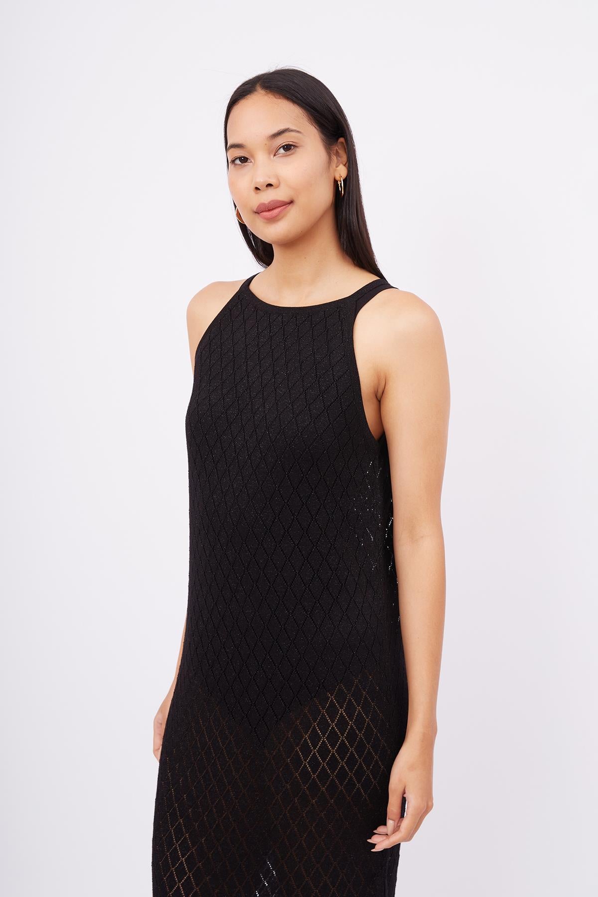 Peraluna-Evelien Dress Ajur Örgü Dar Kesim Halter Yaka Arkası Bağcıklı Uzun Kadın Triko Elbise-Elbise-6-Milagron.com