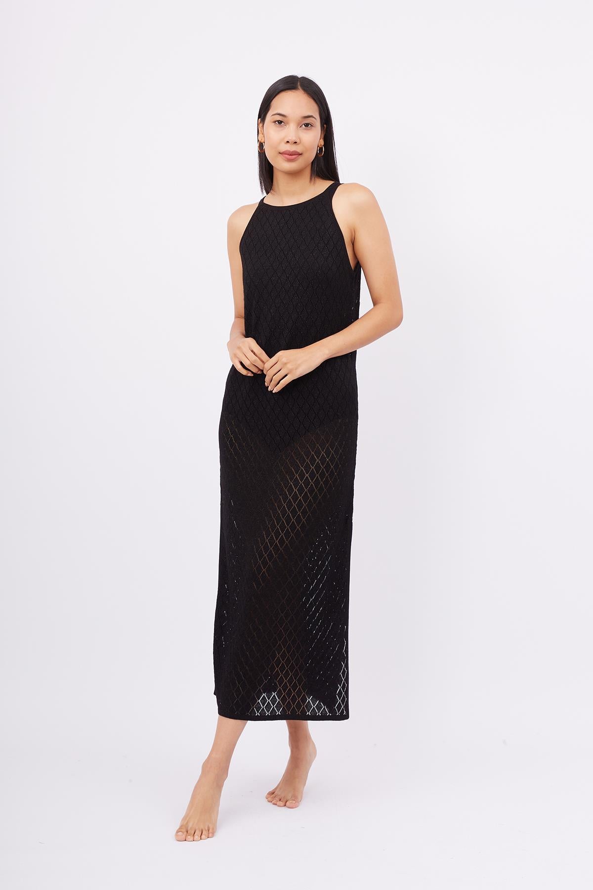 Peraluna-Evelien Dress Ajur Örgü Dar Kesim Halter Yaka Arkası Bağcıklı Uzun Kadın Triko Elbise-Elbise-7-Milagron.com