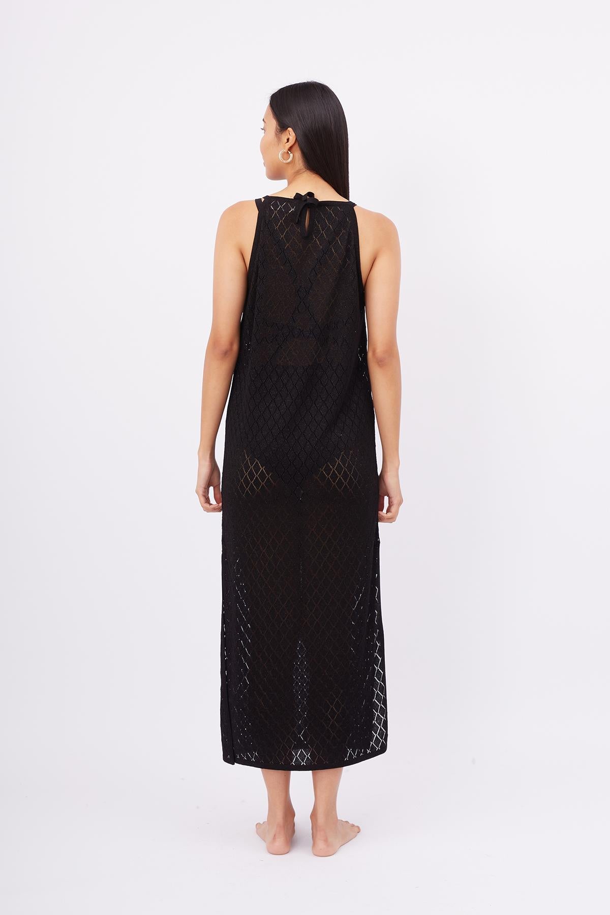 Peraluna-Evelien Dress Ajur Örgü Dar Kesim Halter Yaka Arkası Bağcıklı Uzun Kadın Triko Elbise-Elbise-8-Milagron.com