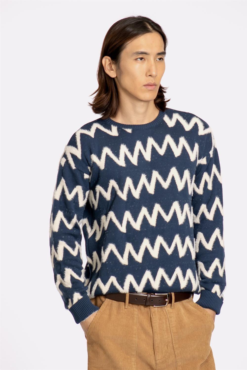 Peraluna-Far Afield Drop Shoulder Knit Zig Bisiklet Yaka Standart Kesim Zigzag Desen Erkek Triko Kazak-Kazak & Triko-1-Milagron.com