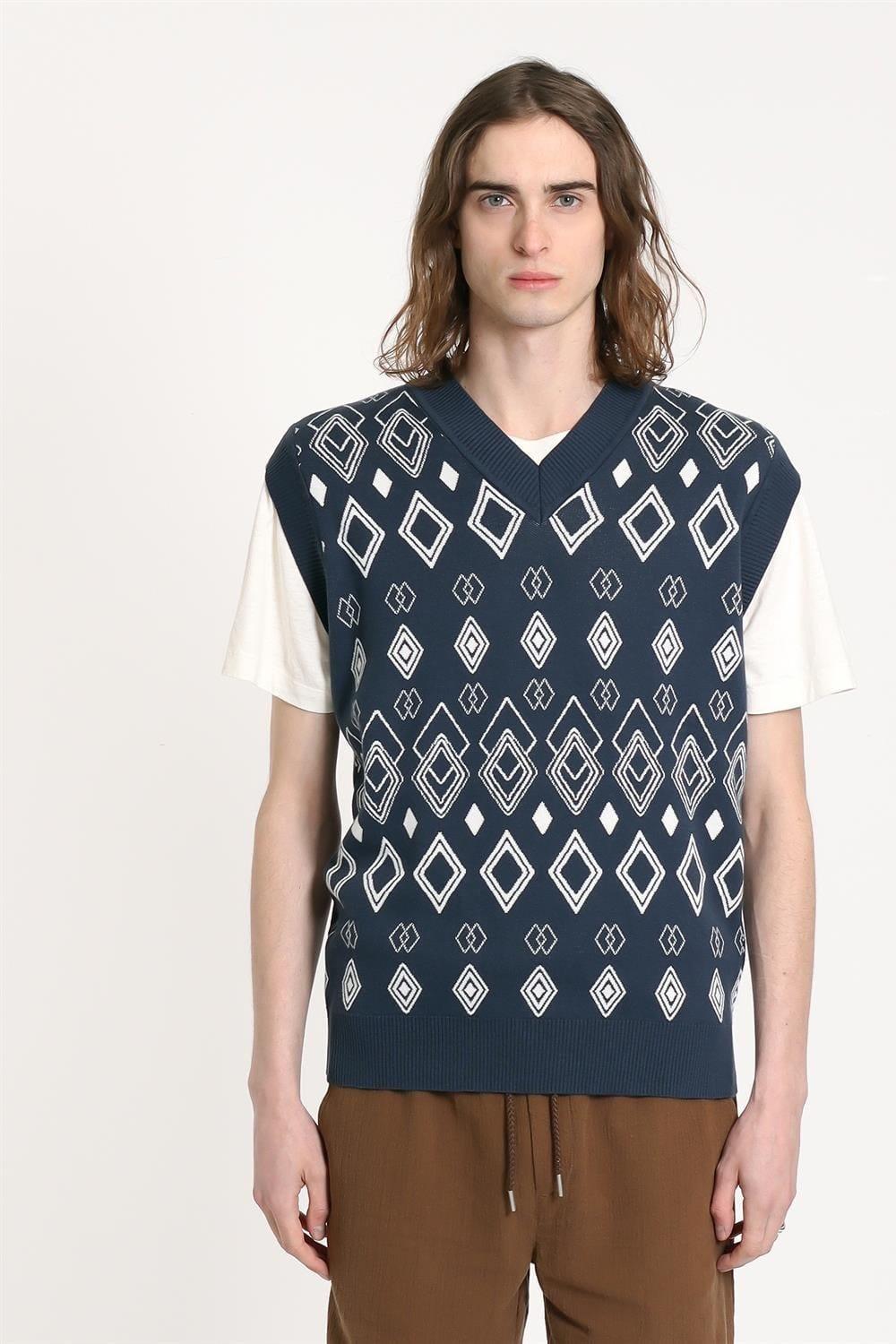 Peraluna-Far Afield Pinto Knitted Vest Diamonds V Yaka Baklava Desen %100 Organik Pamuk Erkek Triko Süveter-Kazak & Triko-1-Milagron.com