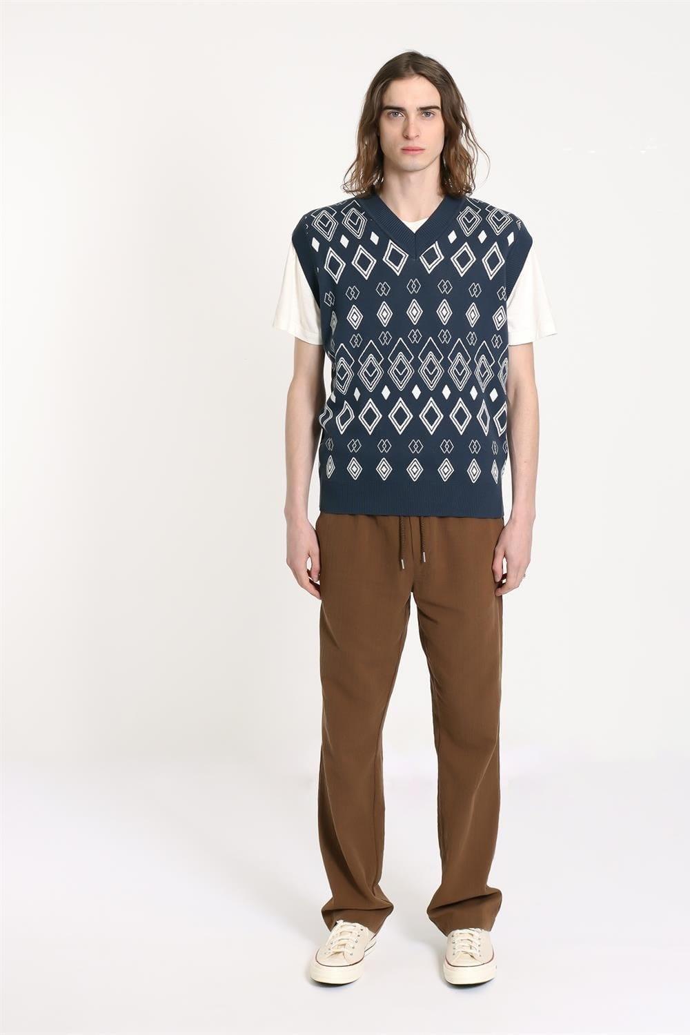 Peraluna-Far Afield Pinto Knitted Vest Diamonds V Yaka Baklava Desen %100 Organik Pamuk Erkek Triko Süveter-Kazak & Triko-2-Milagron.com