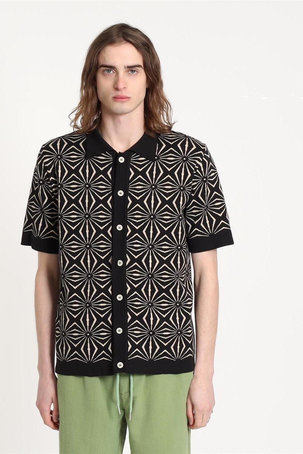 Peraluna-Far Afield Zigger Cardigan Tenteo Pattern Polo Yaka Kısa Kol %100 Organik Pamuk Erkek Triko Hırka-Kazak & Triko-2-Milagron.com