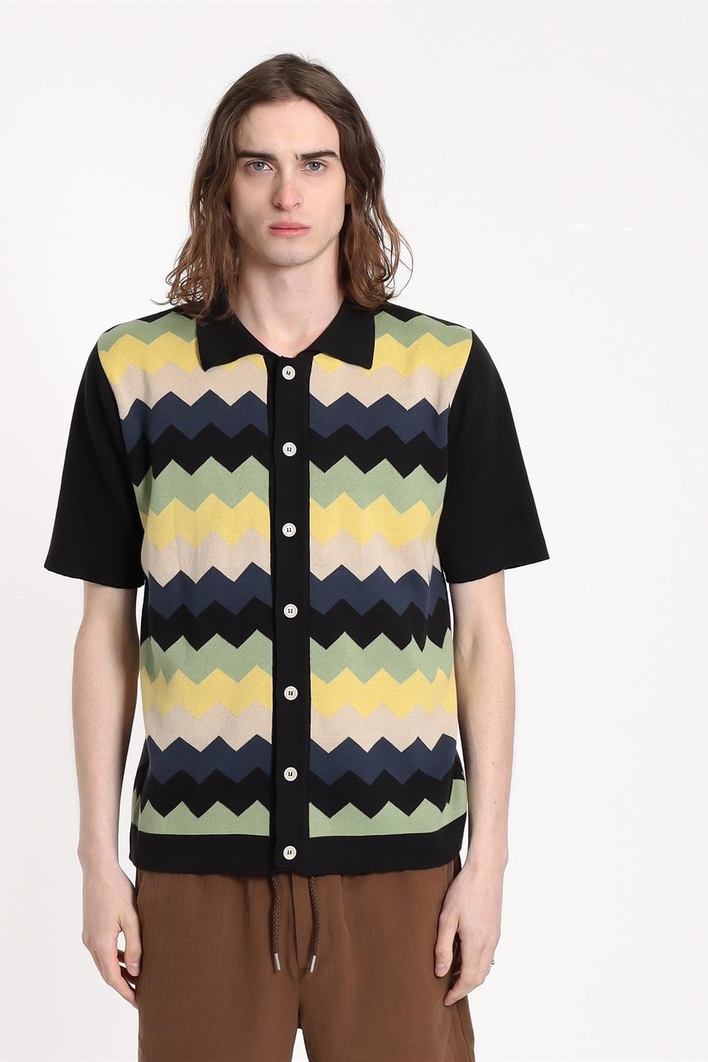 Peraluna-Far Afield Zigger Cardigan Zig Pathern Polo Yaka Kısa Kol %100 Organik Pamuk Erkek Triko Hırka-Kazak & Triko-1-Milagron.com