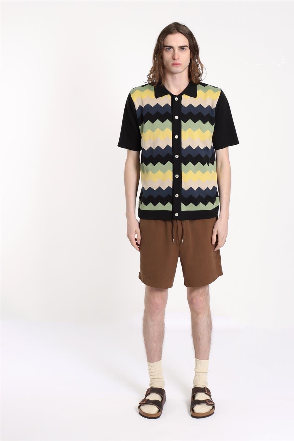 Peraluna-Far Afield Zigger Cardigan Zig Pathern Polo Yaka Kısa Kol %100 Organik Pamuk Erkek Triko Hırka-Kazak & Triko-2-Milagron.com