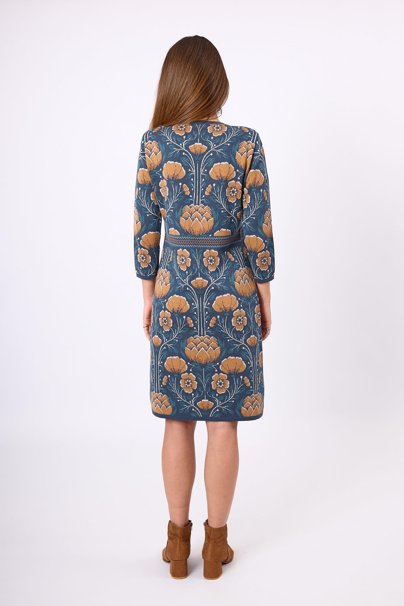 Peraluna-Felicity Çiçek Jakarlı Kadın Triko Elbise İndigo Multi-Elbise-7-Milagron.com