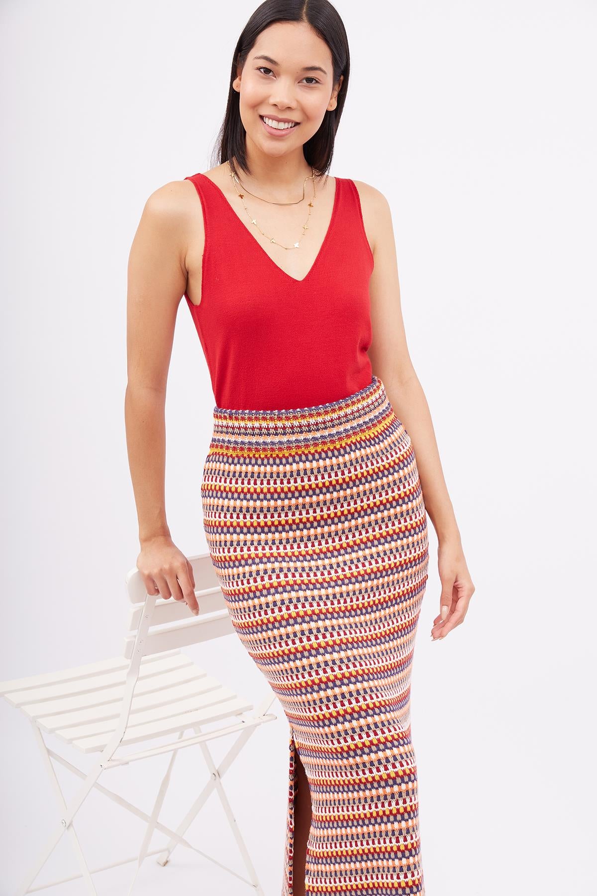 Peraluna-Frida Long Skirt Beli Lastikli Dar Kesim Yan Yırtmaçlı 90 Cm Kadın Triko Etek-Etek-7-Milagron.com