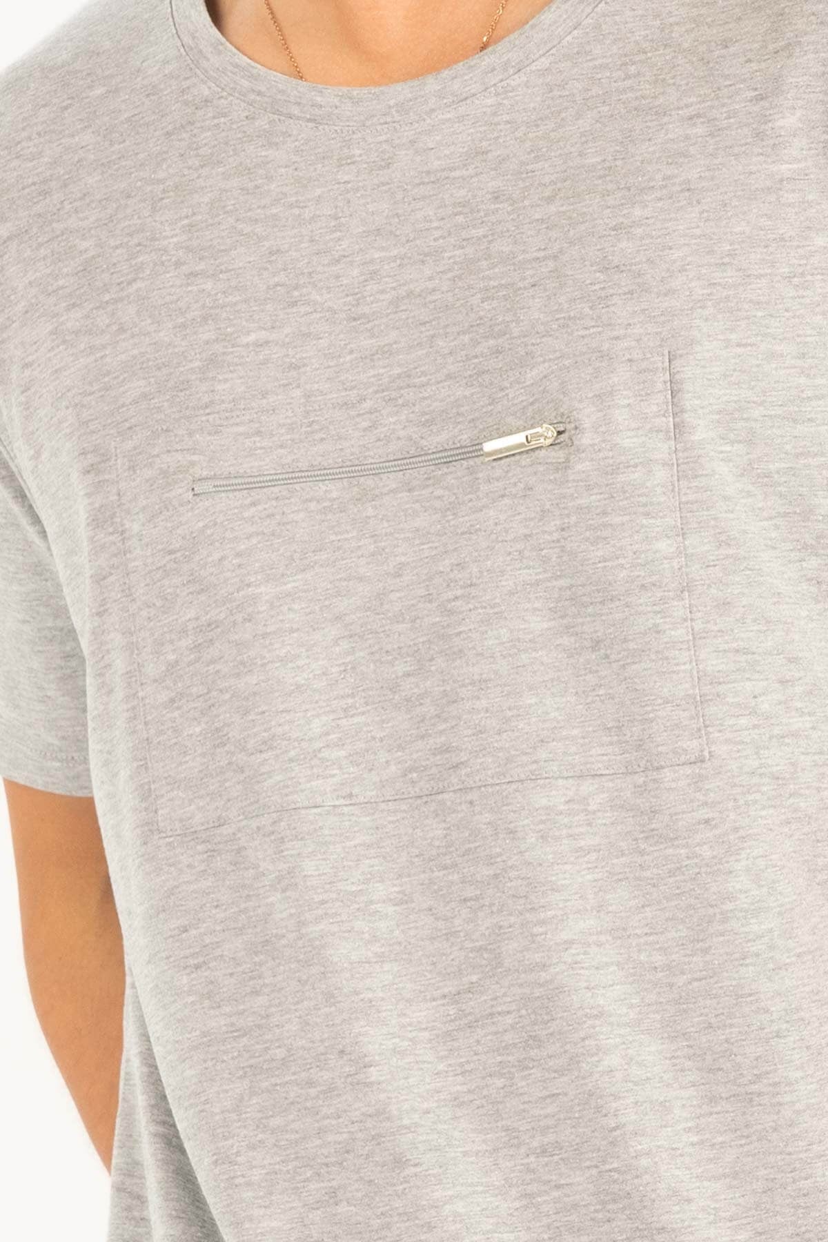 Peraluna Göğüs Fermuarlı Uzun Erkek T-Shirt - Açık Gri Melanj