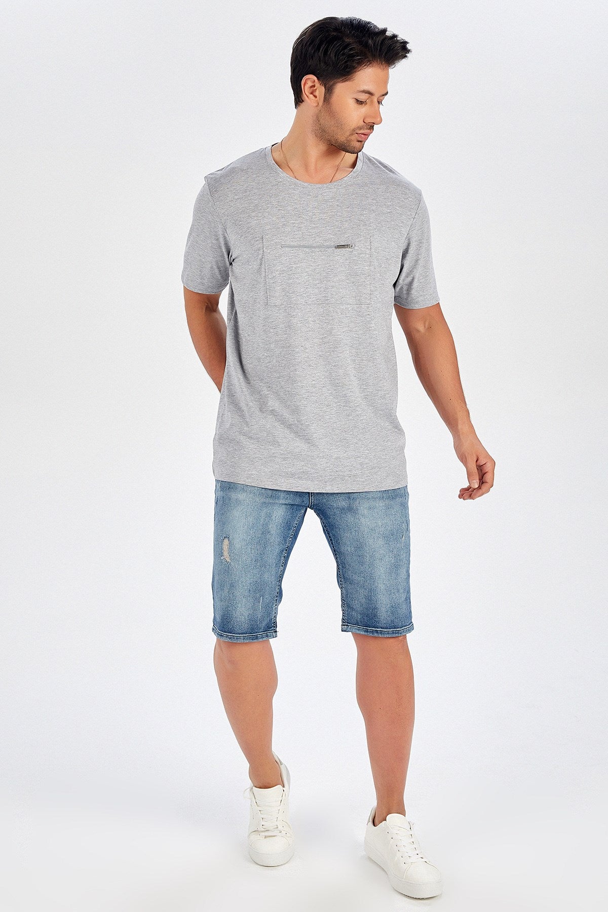 Peraluna Göğüs Fermuarlı Uzun Erkek T-Shirt - Açık Gri Melanj