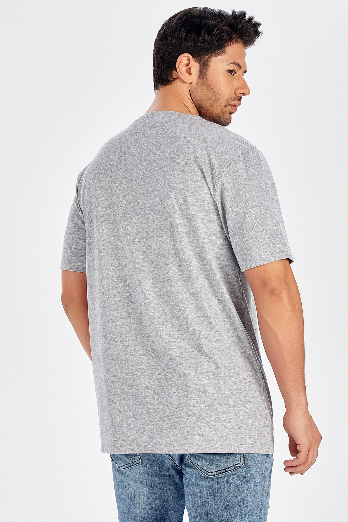 Peraluna Göğüs Fermuarlı Uzun Erkek T-Shirt - Açık Gri Melanj