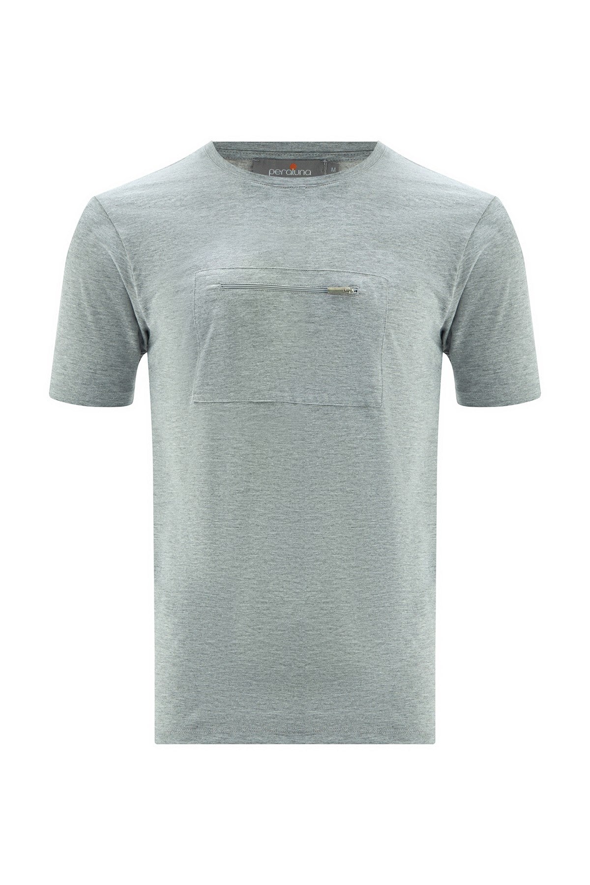 Peraluna Göğüs Fermuarlı Uzun Erkek T-Shirt - Açık Gri Melanj