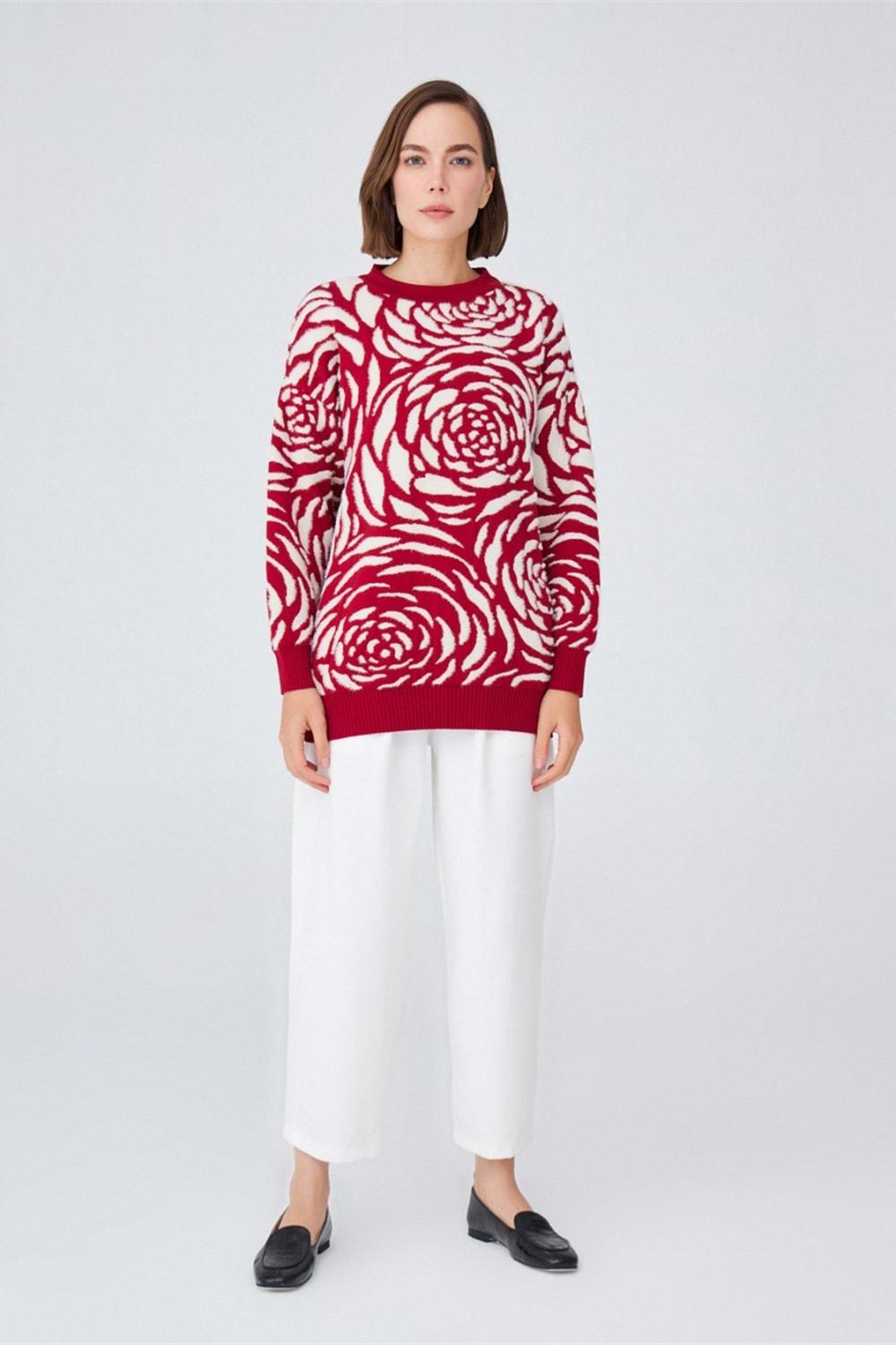 Peraluna-Gül Desenli Jakarlı Bol Kesim Kadın Triko Tunik-Kazak & Triko-2-Milagron.com