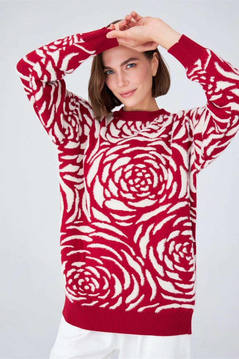 Peraluna-Gül Desenli Jakarlı Bol Kesim Kadın Triko Tunik-Kazak & Triko-3-Milagron.com