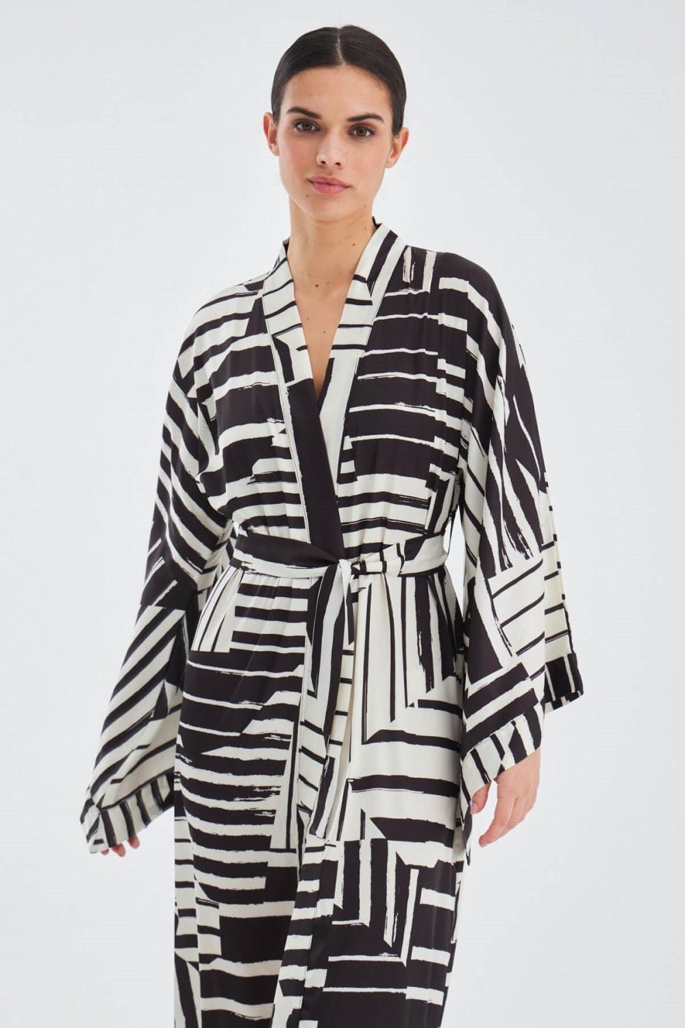 Peraluna-Hanita Geometrik Desenli 120 Cm Saten Yazlık Kadın Kimono-Kimono-1-Milagron.com